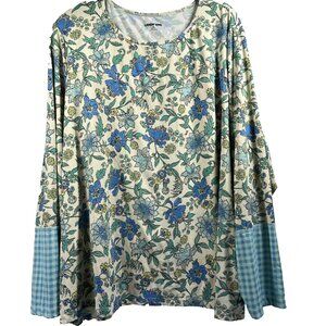Lands End‎ Women's Top Plus 3X Mixed Prints Blue Green Floral Long Sleeve Nylon